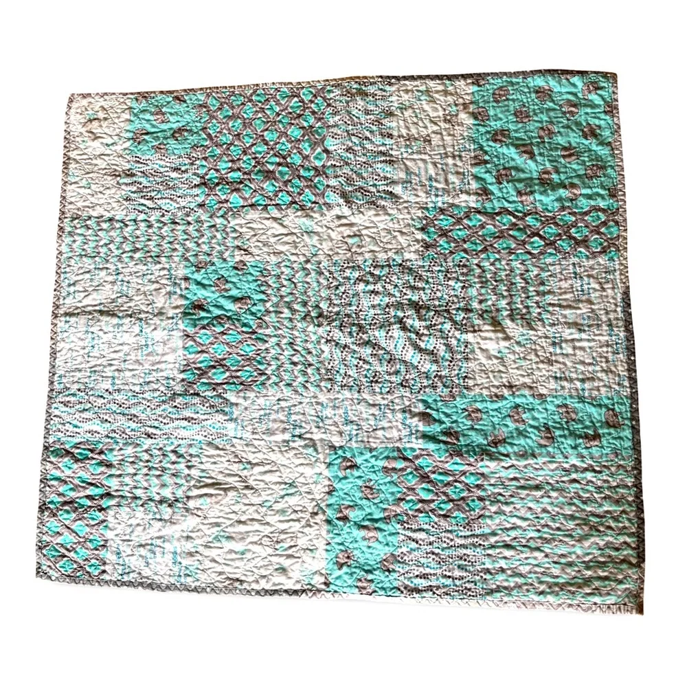 Handmade Elephant Print Quilted Baby Quilt Blanket - Gray, White and Turquoise